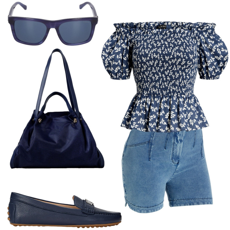 Outfit donna - Short e blusa. Stile Basic per Tutti i giorni. look ideale per Petite. Abbinamento con shorts, mocassini, camicie, occhiali da sole, borse a spalla.