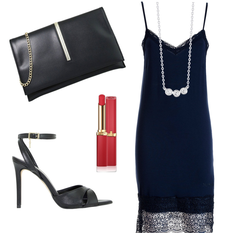 Outfit donna - A cena fuori. Stile Chic per Serata fuori. Abbinamento con rossetti, collane, vestiti midi/longuette, décolleté, pochette.