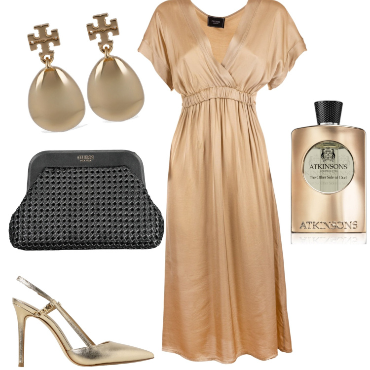 Outfit donna - Cerimonia d\'estate. Stile Chic per Cerimonia. Abbinamento con profumi, vestiti midi/longuette, borse a mano, décolleté, orecchini.