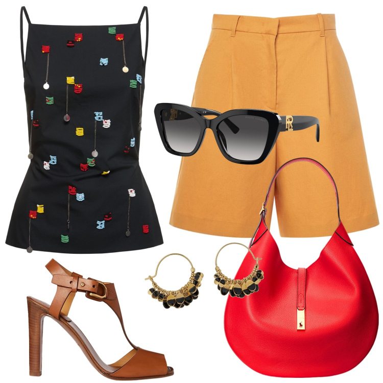 Outfit donna - Etnico chic. Stile Casual chic per Tutti i giorni. Abbinamento con occhiali da sole, borse a spalla, sandali in pelle, top, orecchini, shorts.