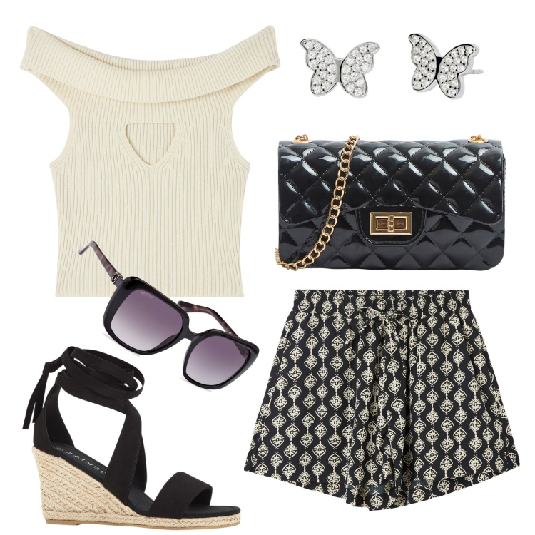 Outfit donna - I freschi shorts. Stile Basic per Tutti i giorni. Abbinamento con sandali, shorts, borse a tracolla, top, orecchini, occhiali da sole.