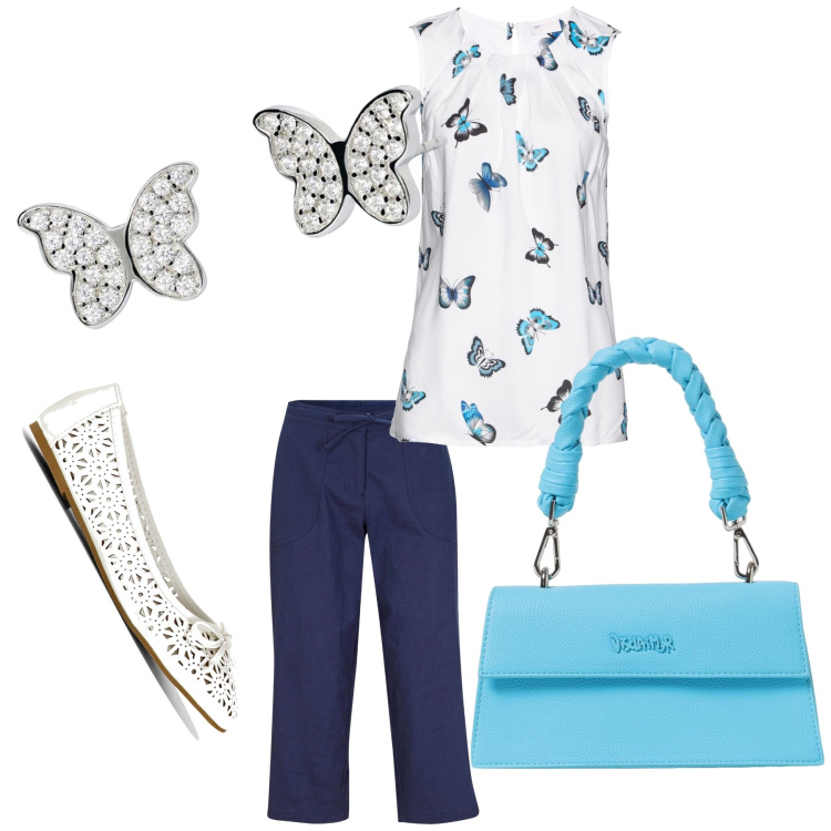 Outfit donna - I love Capri. Stile Casual chic per Tutti i giorni. Abbinamento con pantaloni capri, top, ballerine, orecchini, borse a spalla.