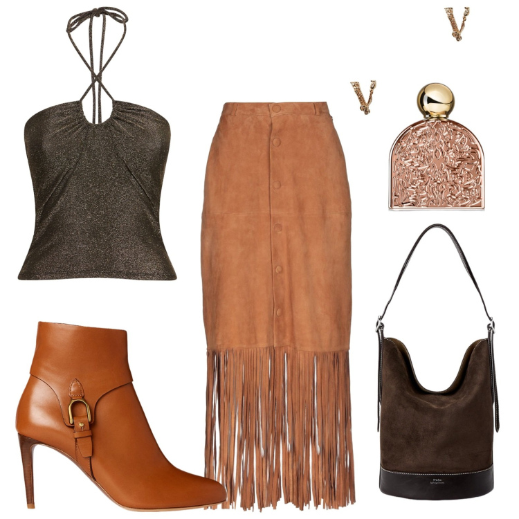Outfit donna - Gonna a frange. Stile Basic per Tutti i giorni. look ideale per Petite. Abbinamento con gonne lunghe, profumi, stivaletti, borse a secchiello, top, orecchini.