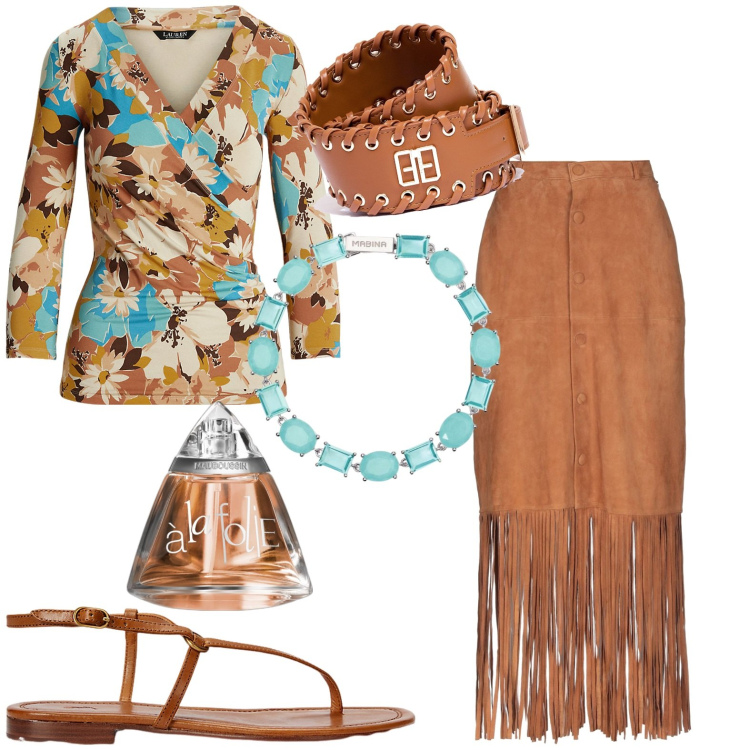 Outfit donna - Total look #1924568. Stile Casual per Tutti i giorni. Abbinamento con gonne lunghe, profumi, braccialetti, cinture, top, sandali in pelle.
