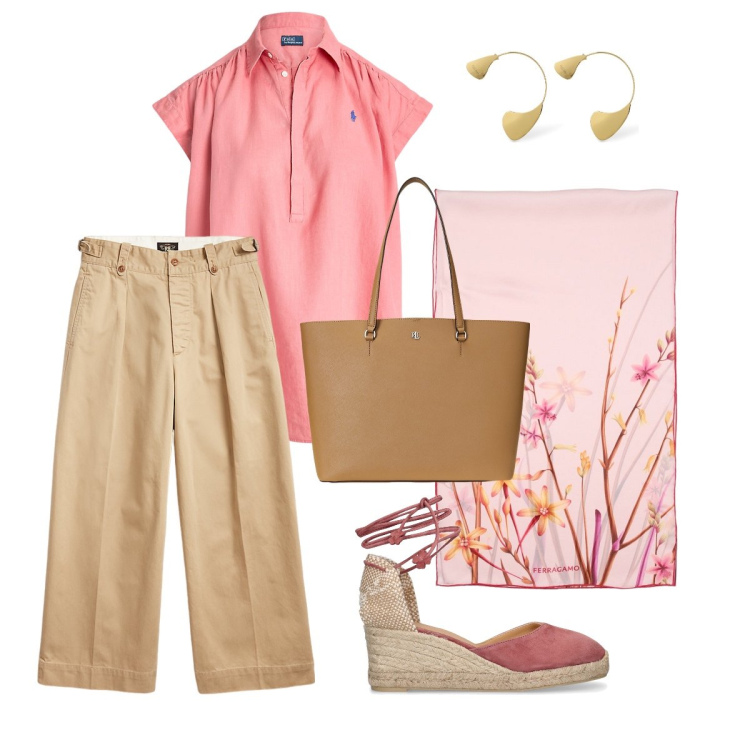 Outfit donna - Aspettando le ferie di agosto. Stile Minimal per Ufficio. Abbinamento con pantaloni, camicie, borse tote, espadrillas, orecchini, foulard.