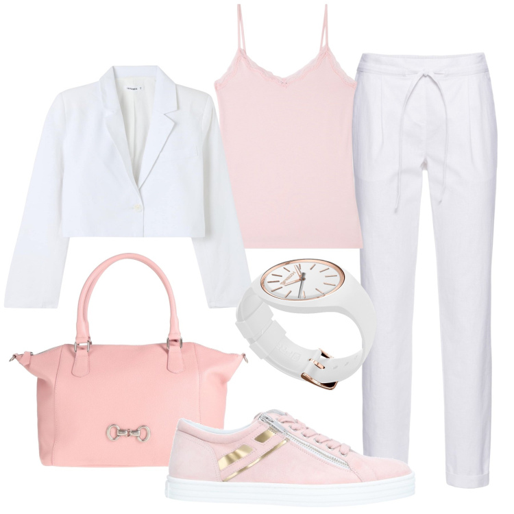 Outfit donna - Commissioni in città. Stile Sporty chic per Tutti i giorni. Abbinamento con pantaloni, borse a mano, sneakers, canottiere, blazer, orologi.