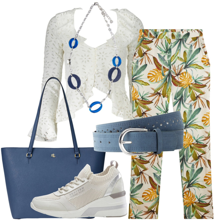 Outfit donna - Pantaloni fantasia e cintura. Stile Casual per Tutti i giorni. Abbinamento con sneakers, cinture, pantaloni, borse tote, camicie, ciondoli.