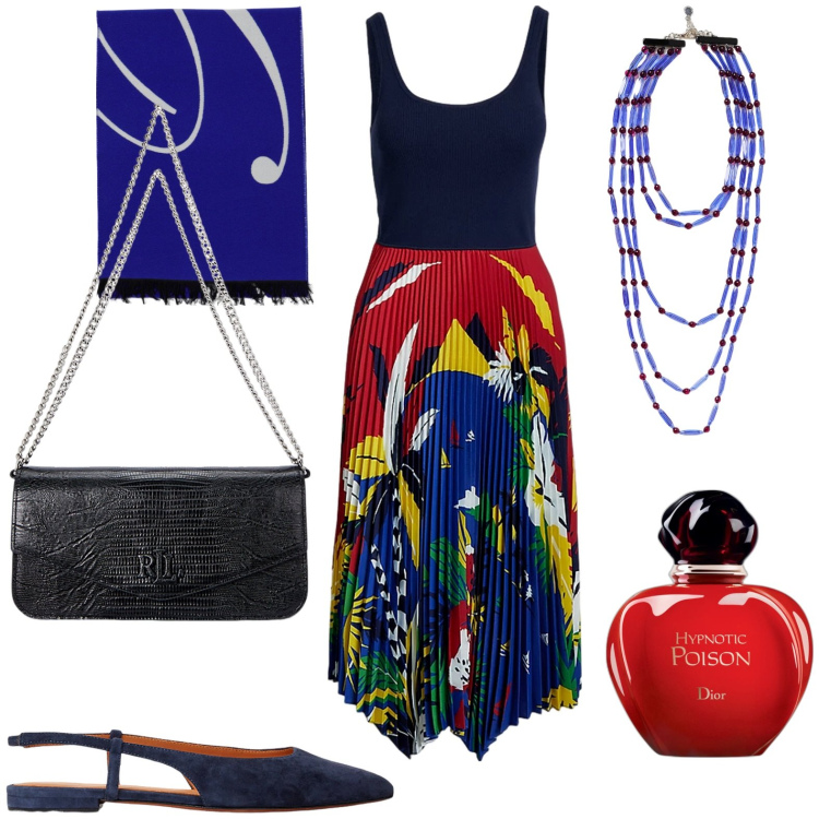 Outfit donna - Total look #1924587. Stile Casual chic per Tutti i giorni. Abbinamento con profumi, vestiti senza maniche, ballerine, borse a spalla, collane, sciarpe.