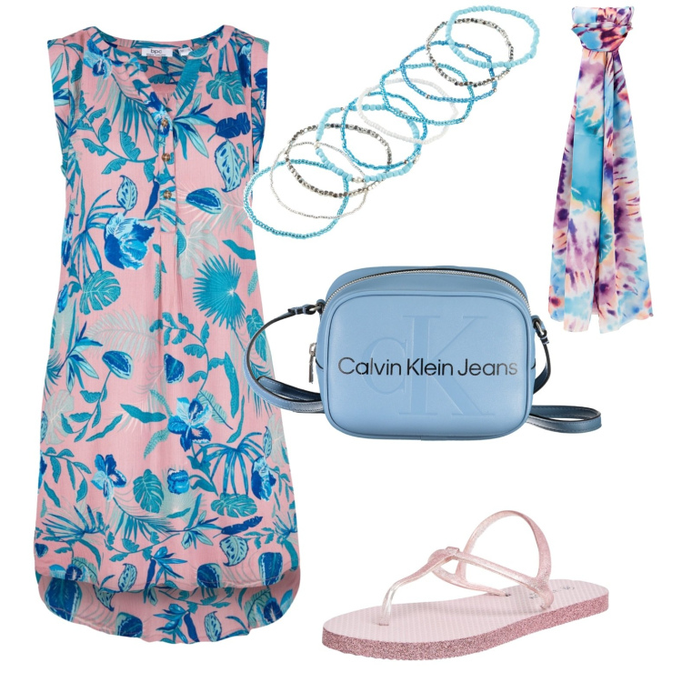 Outfit donna - Total look #1924589. Stile Casual per Mare. Abbinamento con vestiti chemisier, braccialetti, sandali, sciarpe, borse a tracolla.