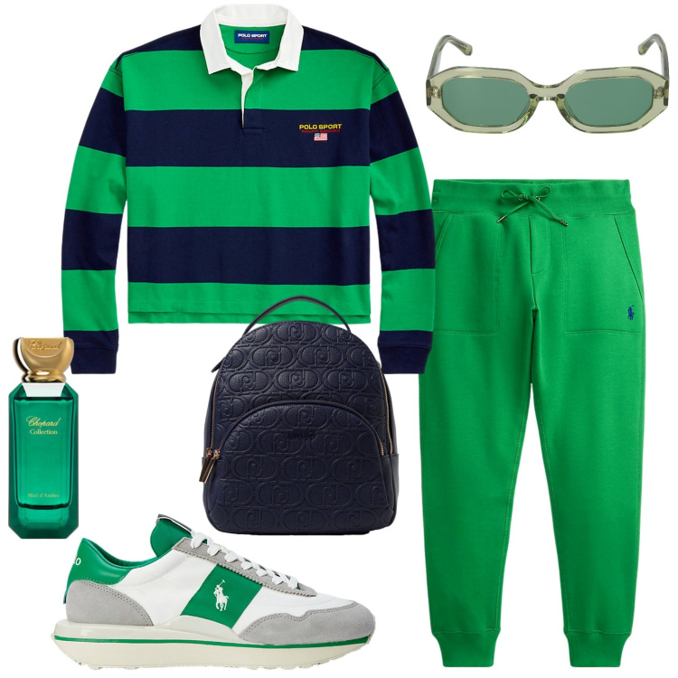 Outfit donna - Total look #1924591. Stile Casual per Sport. Abbinamento con profumi, sneakers, pantaloni, maglieria, zaini, occhiali da sole.