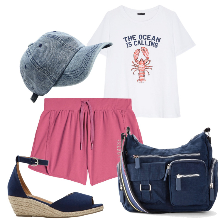 Outfit donna - Aria di mare. Stile Sporty chic per Mare. Abbinamento con borse a tracolla, sandali, cappelli, pantaloni corti, t-shirt.