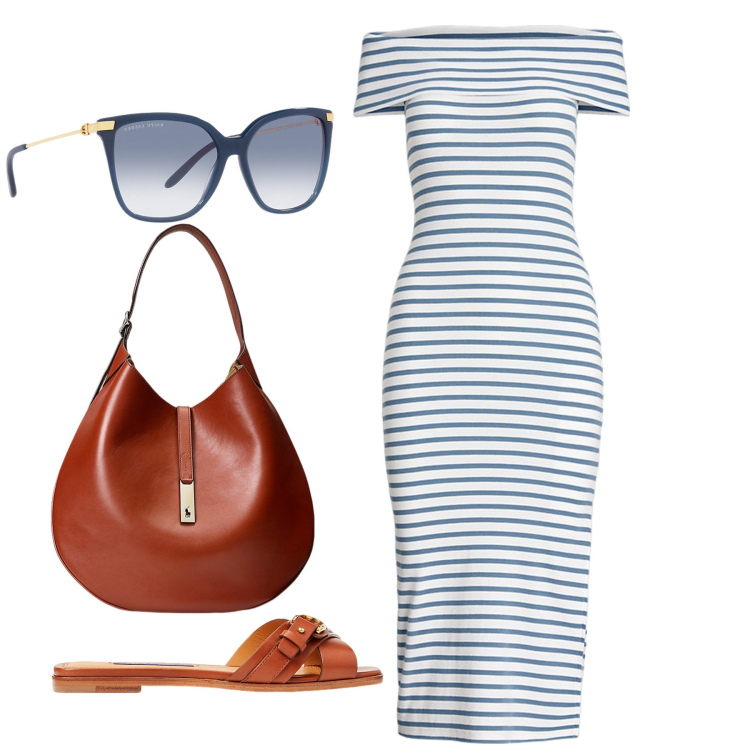 Outfit donna - Per l\'aperitivo. Stile Chic per Tutti i giorni. Abbinamento con borse a spalla, occhiali da sole, vestiti, sandali col tacco.