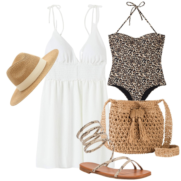 Outfit donna - Salina. Stile Romantica per Mare. Abbinamento con borse a tracolla, costumi interi, cappelli, vestiti corti, sandali.