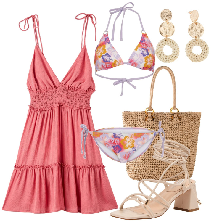 Outfit donna - Panarea. Stile Romantica per Mare. Abbinamento con orecchini, bikini, shopping bag, vestiti corti, sandali alla schiava.