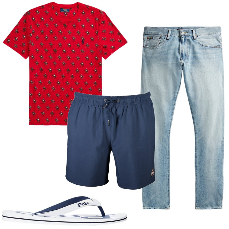 Outfit uomo - Total look #1924637. Stile Trendy per Mare. Abbinamento con sandali, t-shirt, jeans, costumi.