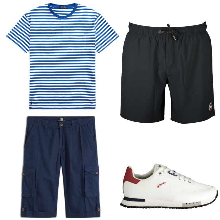 Outfit uomo - Total look #1924638. Stile Trendy per Mare. Abbinamento con bermuda, t-shirt, sneakers, costumi.