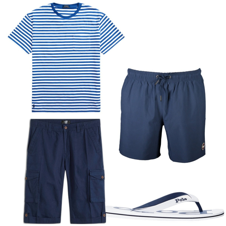 Outfit uomo - Total look #1924639. Stile Trendy per Mare. Abbinamento con bermuda, sandali, t-shirt, costumi.