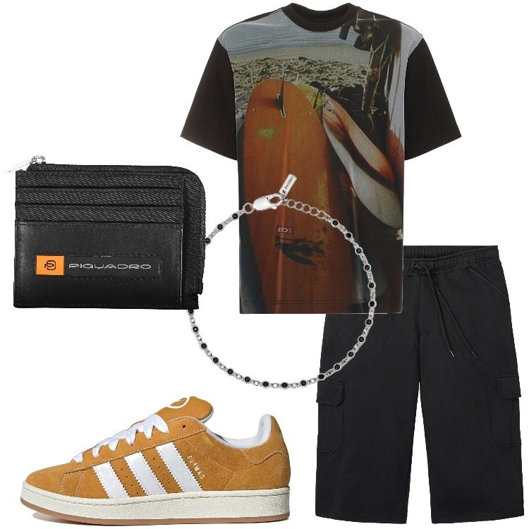 Outfit uomo - Urban style per l\'estate. Stile Urban per Tutti i giorni. Abbinamento con bermuda, braccialetti, sneakers, t-shirt, portafogli.