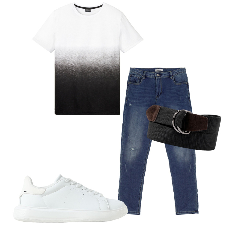 Outfit uomo - Tutti i giorni. Stile Casual per Tutti i giorni. Abbinamento con t-shirt, jeans slim fit, cinture, sneakers.