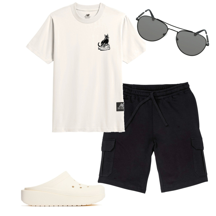 Outfit uomo - In vacanza. Stile Urban per Tutti i giorni. Abbinamento con bermuda, t-shirt, occhiali da sole, sandali.