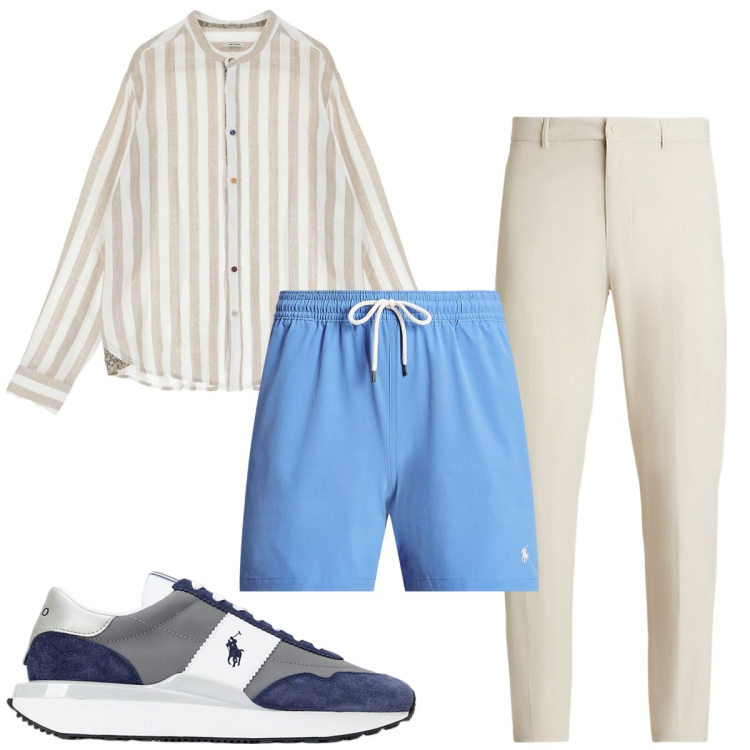 Outfit uomo - Total look #1924665. Stile Trendy per Mare. Abbinamento con camicie, costumi, pantaloni, sneakers.