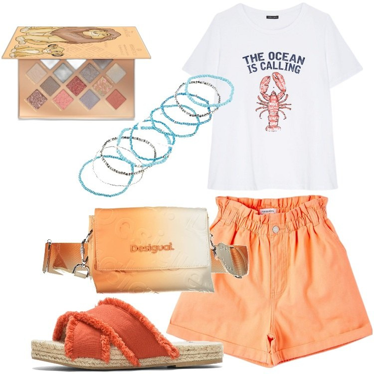 Outfit donna - Fresca con gli shorts. Stile Casual per Tutti i giorni. Abbinamento con braccialetti, ciabatte, shorts, t-shirt, ombretti, borse a mano.