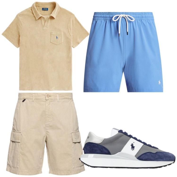 Outfit uomo - Total look #1924669. Stile Trendy per Mare. Abbinamento con costumi, sneakers, polo, shorts.