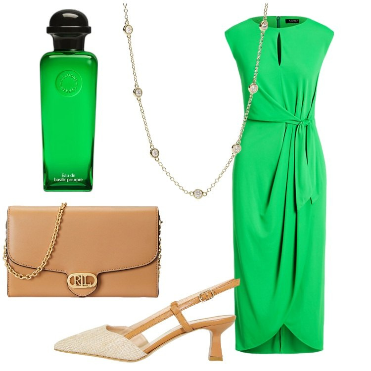 Outfit donna - Bon Ton colorato. Stile Bon Ton per Serata fuori. Abbinamento con profumi, collane, sandali col tacco, vestiti, borse a tracolla.