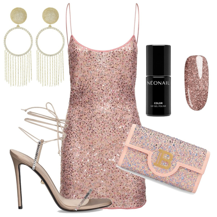 Outfit donna - Serate glam in disco. Stile Glamour per Serata fuori. Abbinamento con smalti, orecchini, vestiti, sandali col tacco, pochette.