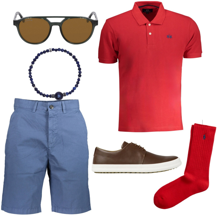 Outfit uomo - Rosso. Stile Casual per Tutti i giorni. Abbinamento con braccialetti, calzini, scarpe stringate, polo, bermuda, occhiali da sole.