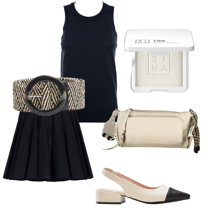 Outfit donna - Total look #1924692. Stile Trendy per Tutti i giorni. Abbinamento con décolleté, ciprie, cinture, minigonne, borse a spalla, top.