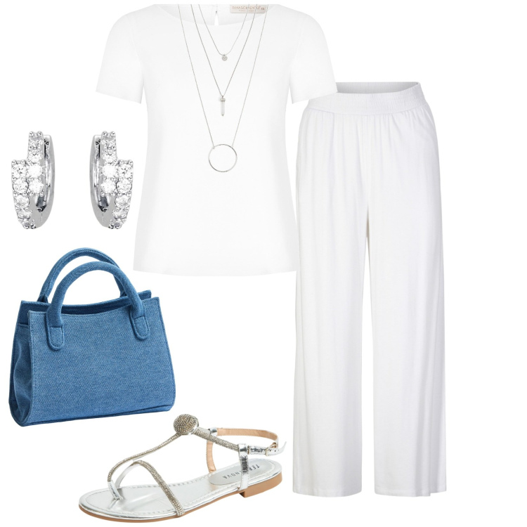 Outfit donna - Blusa in raso bianco. Stile Casual per Tutti i giorni. Abbinamento con pantaloni, ciondoli, ciabatte, borse a tracolla, orecchini, bluse.