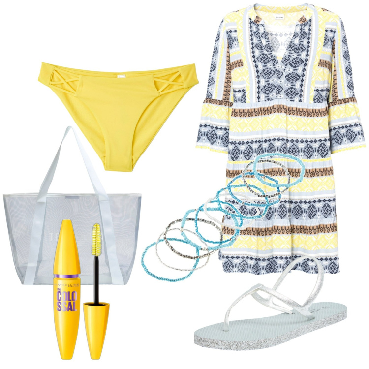 Outfit donna - Total look #1924700. Stile Vintage retrò per Mare. Abbinamento con vestiti, braccialetti, mascara, sandali, bikini, shopping bag.
