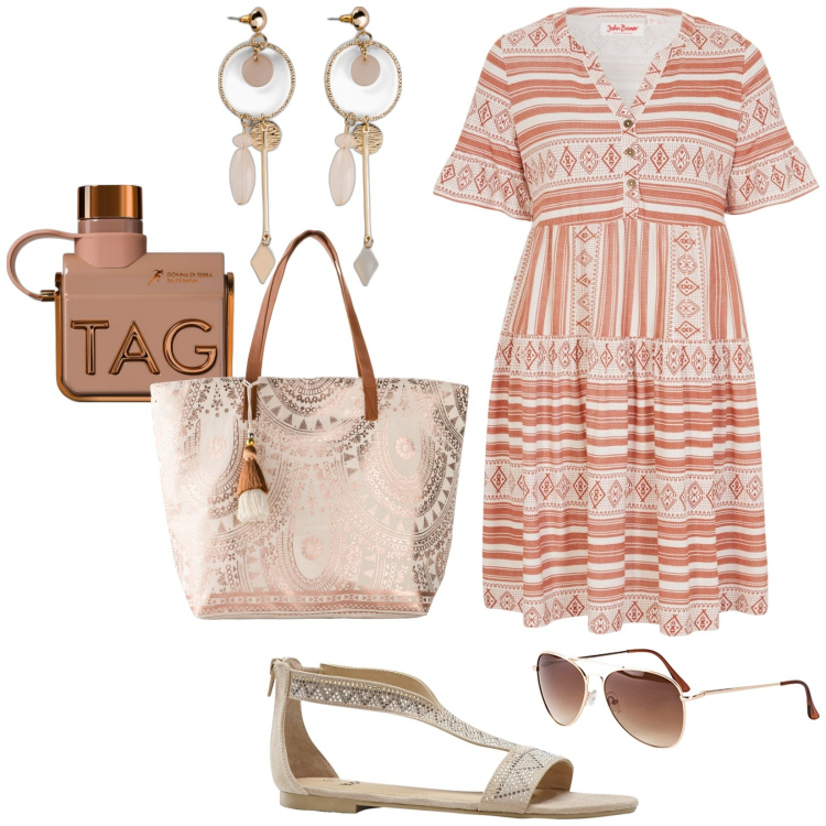Outfit donna - Total look #1924705. Stile Boho per Tutti i giorni. Abbinamento con orecchini, occhiali da sole, vestiti, sandali, shopping bag, profumi.