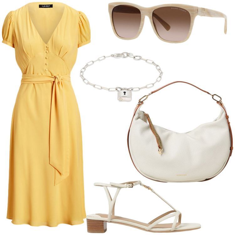 Outfit donna - Total look #1924706. Stile Casual chic per Tutti i giorni. Abbinamento con occhiali da sole, vestiti, braccialetti, sandali in pelle, borse a spalla.