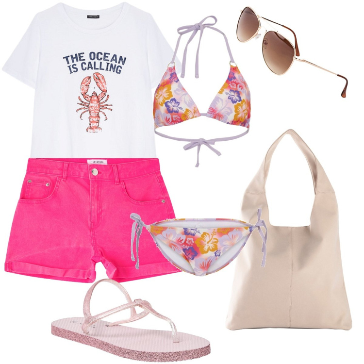 Outfit donna - Gli shorts fucsia. Stile Casual chic per Mare. Abbinamento con occhiali da sole, shopping bag, bikini, sandali, shorts, t-shirt.