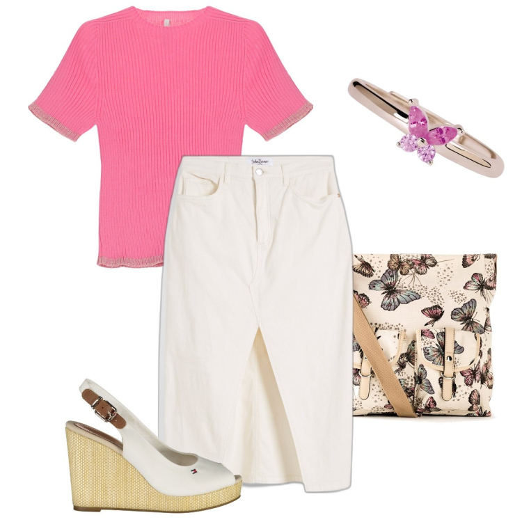 Outfit donna - La t-shirt a costine. Stile Casual chic per Ufficio. Abbinamento con borse a tracolla, gonne longuette, anelli, maglieria, sandali.