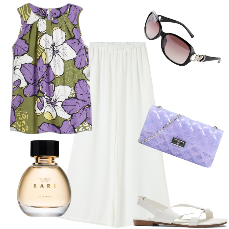 Outfit donna - Il pantapalazzo bianco. Stile Bon Ton per Ufficio. Abbinamento con sandali, top, occhiali da sole, profumi, borse a tracolla, pantaloni.