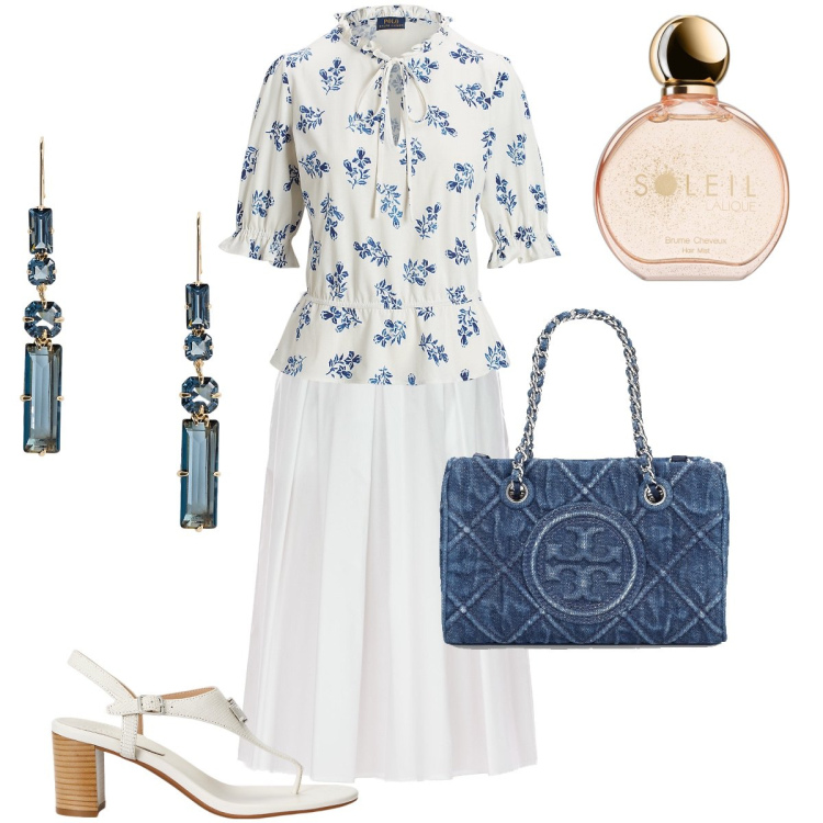 Outfit donna - Stile provenzale. Stile Bon Ton per Ufficio. Abbinamento con profumi, sandali in pelle, top, orecchini, gonne longuette, borse a mano.