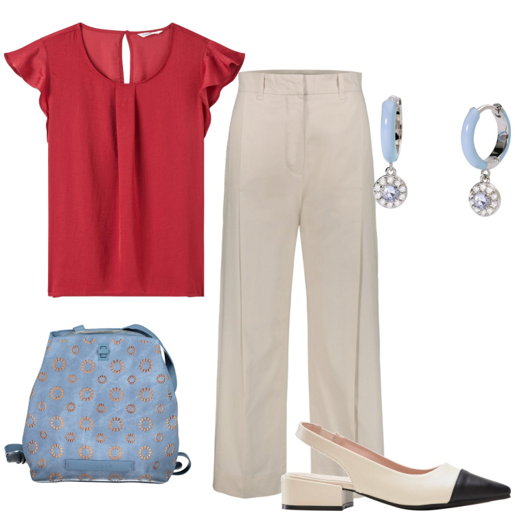 Outfit donna - Total look #1924719. Stile Casual per Ufficio. Abbinamento con décolleté, bluse, orecchini, pantaloni, zaini.
