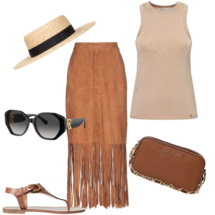 Outfit donna - Camoscio e frange. Stile Etnico per Mare. Abbinamento con gonne lunghe, occhiali da sole, sandali in pelle, cappelli, borse tote, top.