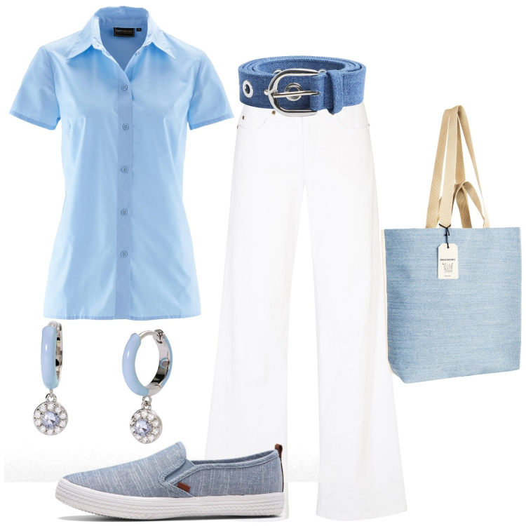 Outfit donna - Total look #1924726. Stile Casual per Tutti i giorni. Abbinamento con jeans, camicie a manica corta, sneakers, cinture, orecchini, borse tote.