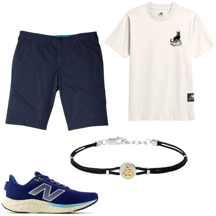 Outfit uomo - Festival estivo. Stile Urban per Serata speciale. Abbinamento con bermuda, braccialetti, sneakers, t-shirt.