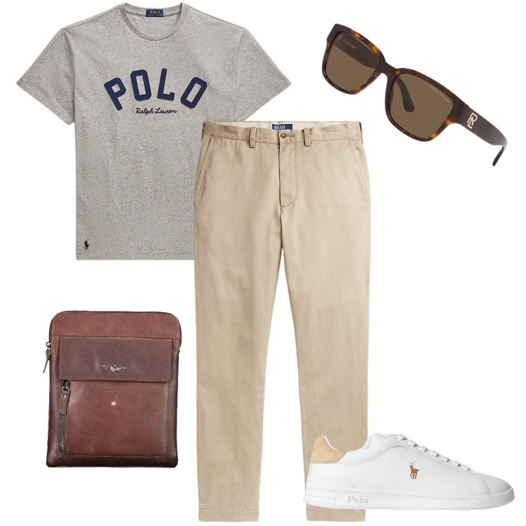 Outfit uomo - La t-shirt grigia. Stile Urban per Ufficio. Abbinamento con occhiali da sole, pantaloni chino, sneakers, t-shirt, portafogli.