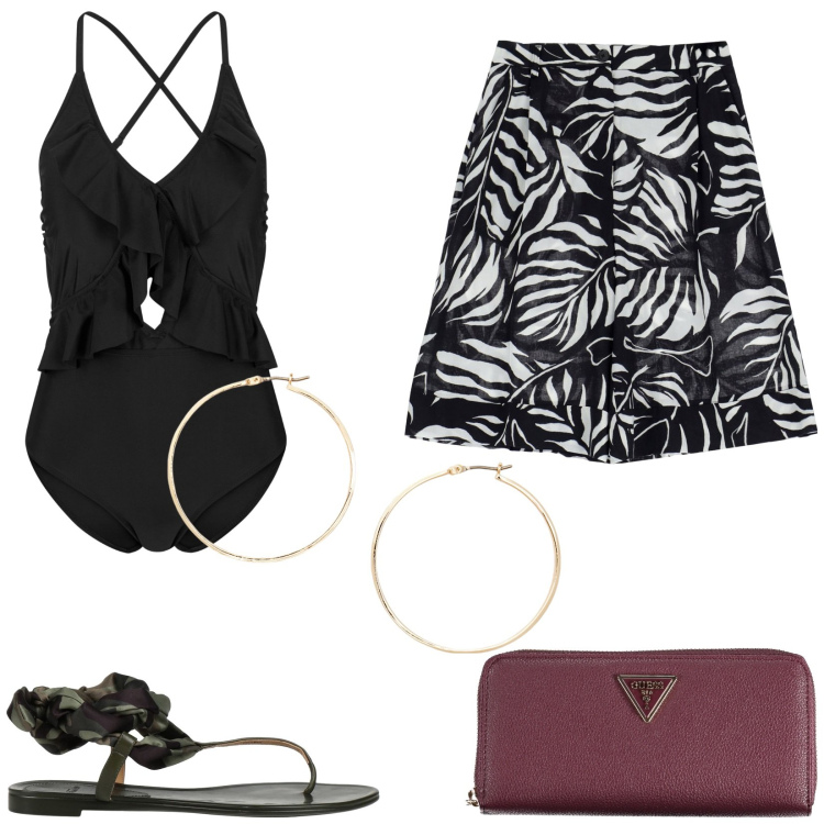 Outfit donna - Pizza in spiaggia. Stile Basic per Mare. Abbinamento con costumi interi, infradito, bermuda, orecchini, portafogli.