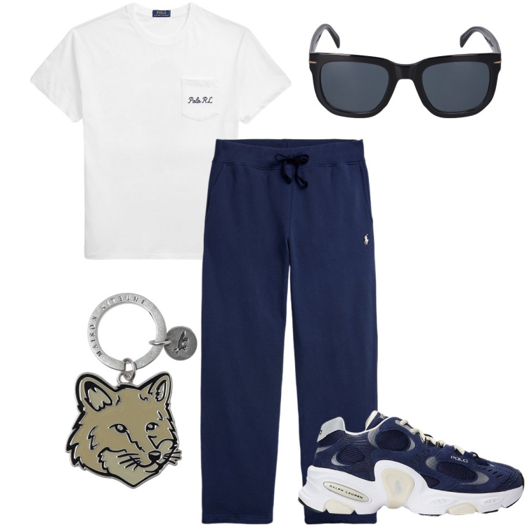 Outfit uomo - Camminata al parco. Stile Casual per Sport. Abbinamento con pantaloni, sneakers, t-shirt, occhiali da sole, portachiavi.