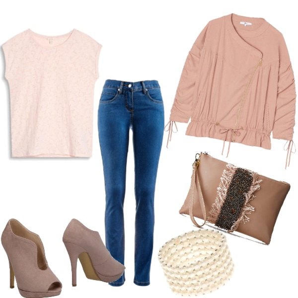 Outfit donna - Pink hour. Stile Chic per Serata fuori. Abbinamento con jeans dritti, stivaletti effetto scamosciato open toe tinta unita, borsa a mano rosa, felpa rosa, t-shirt rosa, collana con perle e perline in acciaio inox bianco.