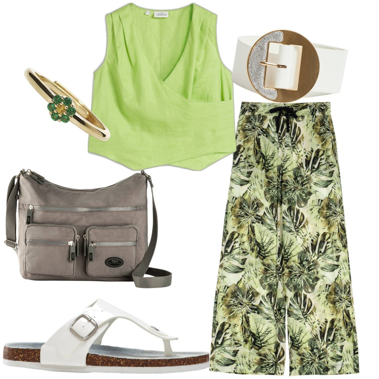 Outfit donna - Total look #1924792. Stile Casual per Tutti i giorni. Abbinamento con borse a tracolla, infradito, top, cinture, anelli, pantaloni a palazzo.