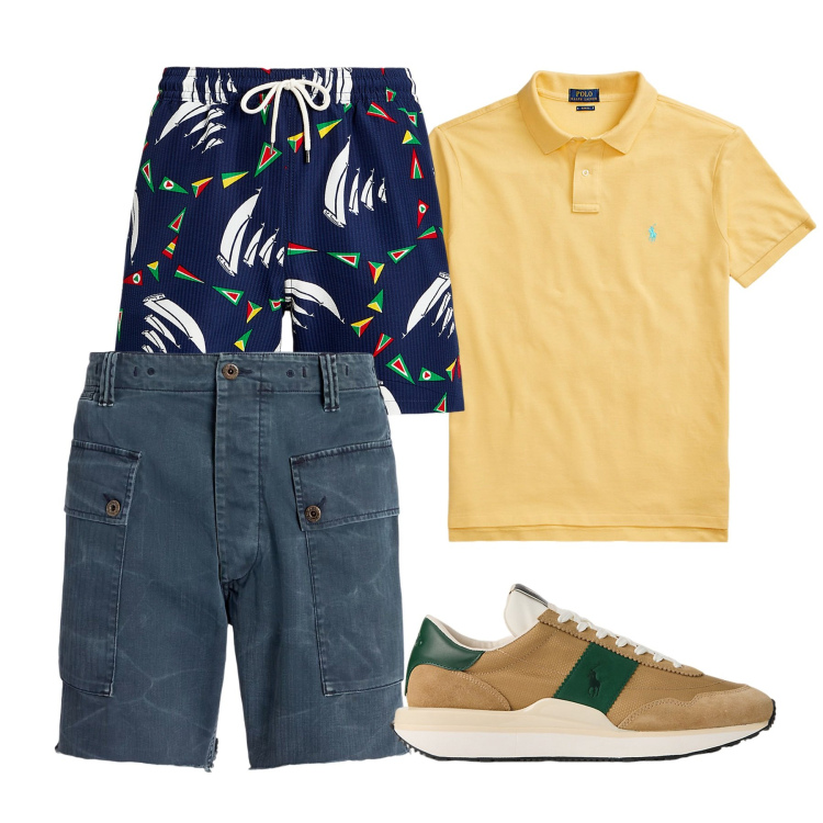 Outfit uomo - Mare. Stile Casual per Mare. Abbinamento con polo, costumi, shorts, sneakers.