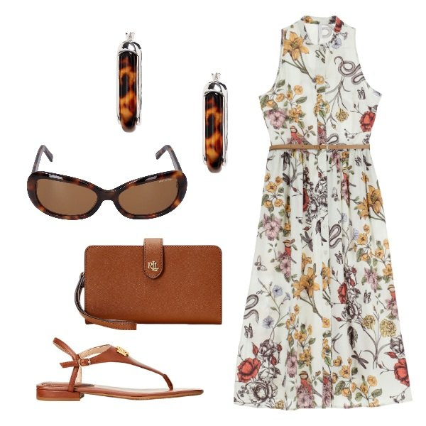 Outfit donna - Cinturina easy. Stile Chic Abbinamento con vestiti lunghi, pochette, orecchini, sandali in pelle, occhiali da sole.